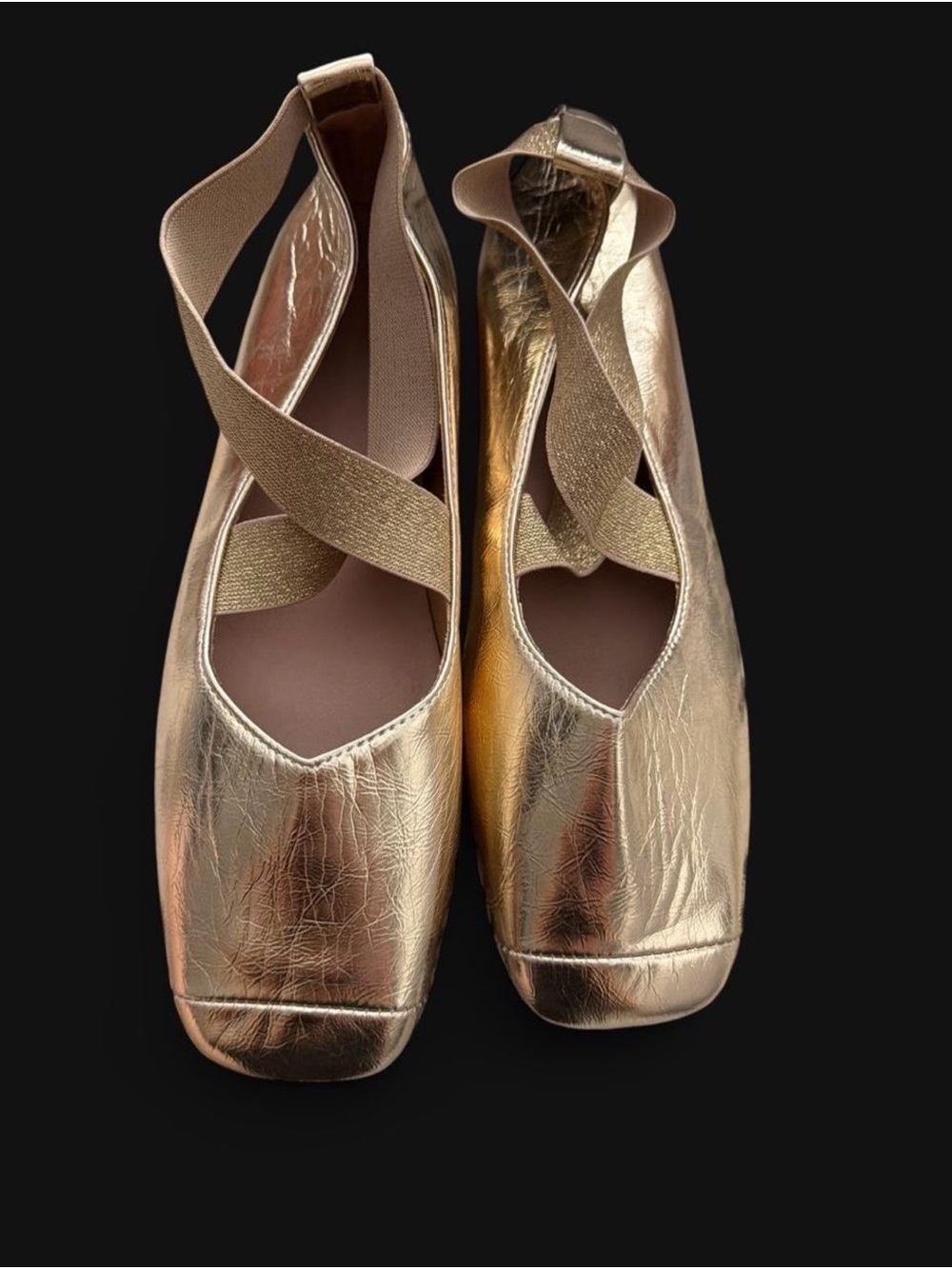 Metallic Gold Ballet Flats with Elastic Cross Straps